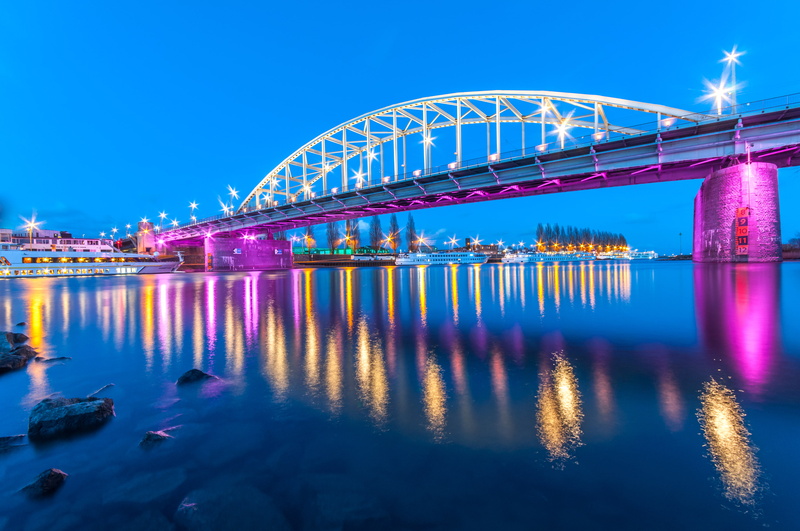 Netherlands, Reflections, Arch bridge, John Frost Bridge, Arnhem, 4K, 2K, Lower Rhine, City lights