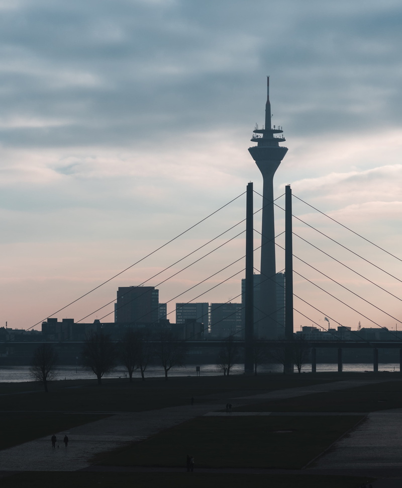 fog, outdoors, architecture, 4K, travel destinations, sky, cloud - sky, bridge - man made structure, sunset, suspension bridge, connection, rhine tower