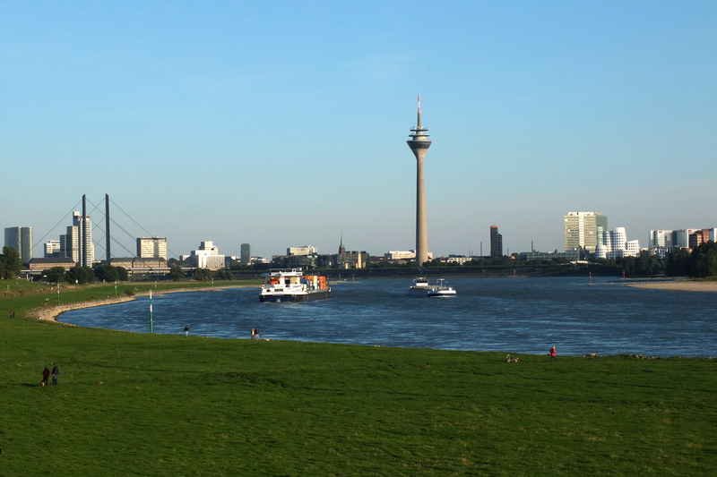 spire, grass, river landscape, Düsseldorf, evening, nature, tower, built structure, office building exterior, Skyline, ships, travel, architecture, cityscape