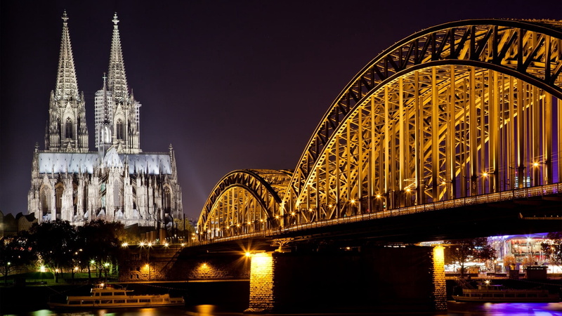 tourism, built Structure, illuminated, travel, gothic Style, no people, architecture, dusk, rhine River, building, urban Skyline, cologne Cathedral, night