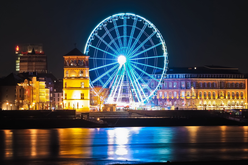 no people, ferris wheel, 4K, water, travel, building, city, historic center, night photograph, lights, tower, amusement park, metropolis, arts culture and entertainment