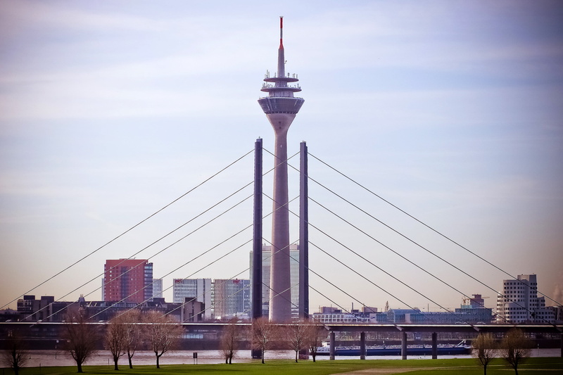 engineering, city view, tv tower, sunset, rhine meadow, transportation, tall - high, rhine river, city, space, outdoors, skyscraper, building exterior