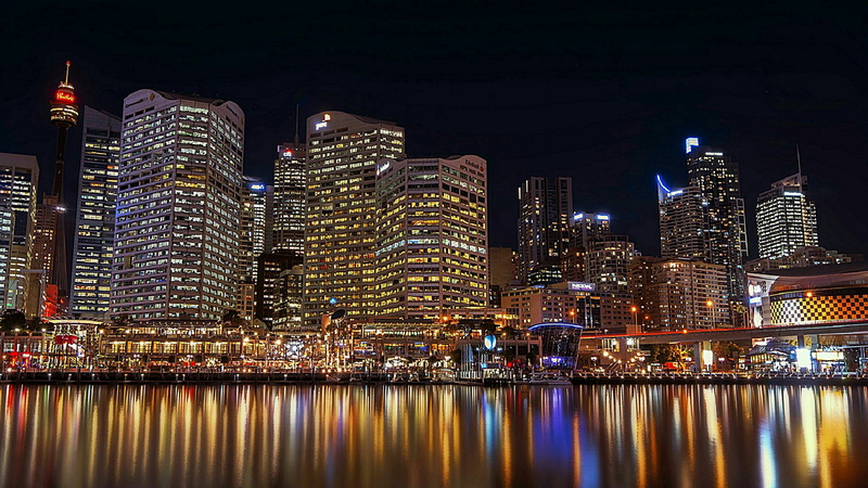 downtown, reflection, financial district, metropolitan area, tall - high, sydney, night, harbour, 4K, architecture, water, office building exterior, travel destinations