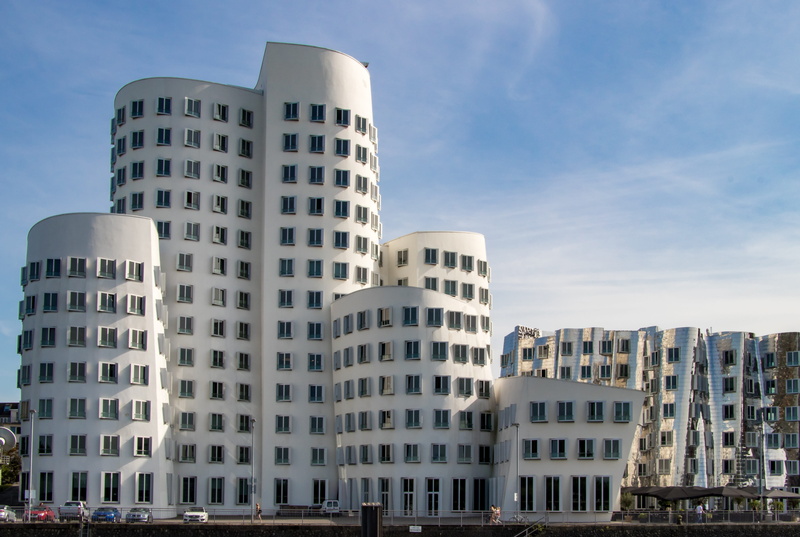 port, düsseldorf, building, travel destinations, 5K, office building exterior, modern, apartment, tall - high, luxury, building exterior, sunlight, low angle view
