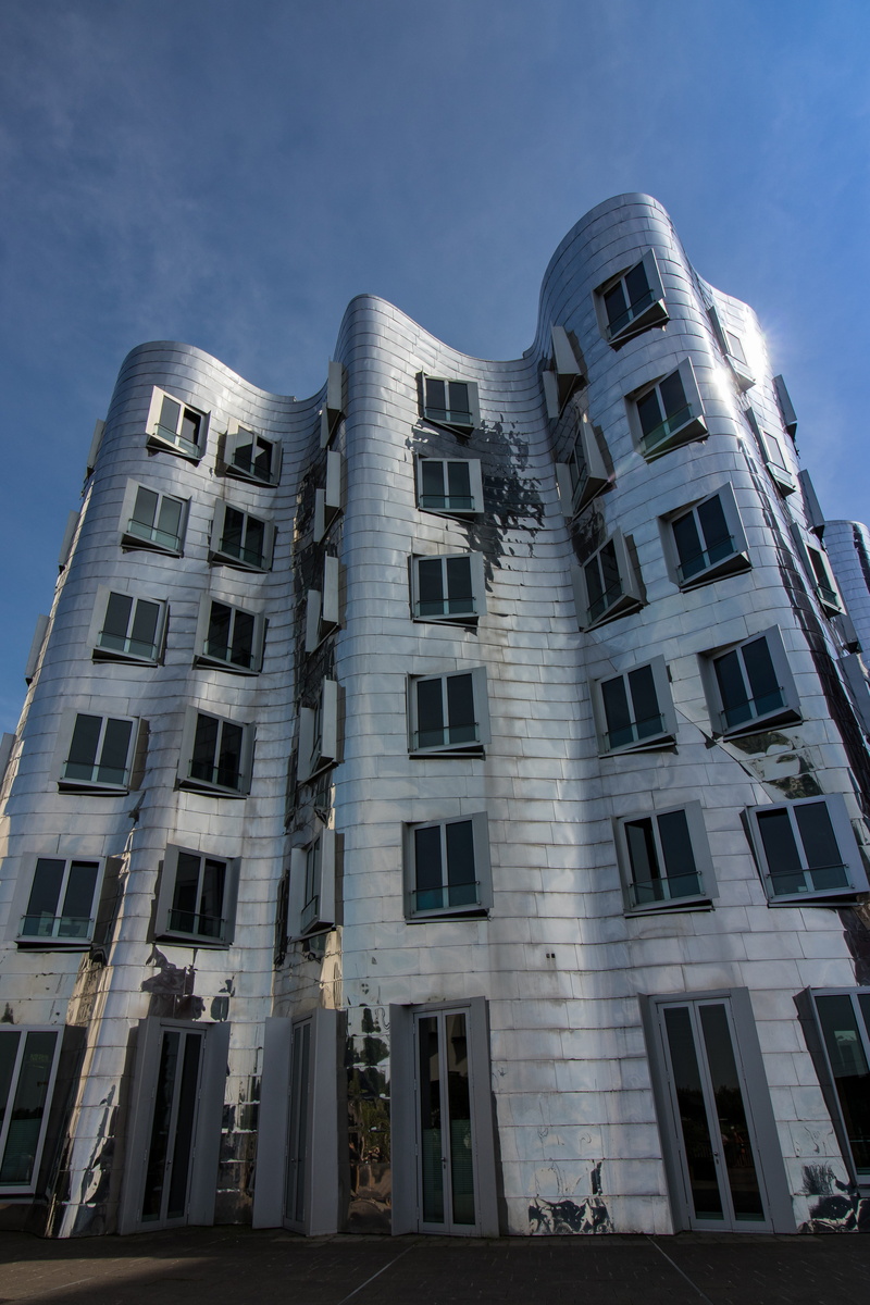 city, harbour area, built structure, residential district, no people, low angle view, window, building exterior, düsseldorf, media harbour, sunlight, 5K