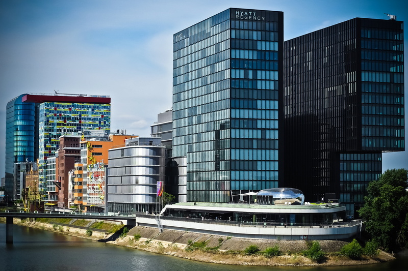 4K, media harbour, town center, building exterior, düsseldorf, built structure, office, office building exterior, no people, financial district, nature
