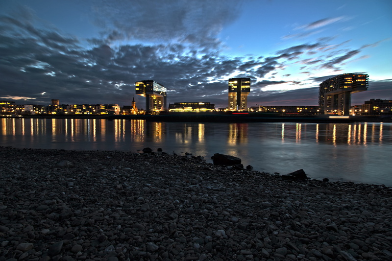 kölner building, rock, architecture, Rhine, kranhaus, beach, illuminated, blue hour, places of interest, modern, built structure, crane homes, love, city