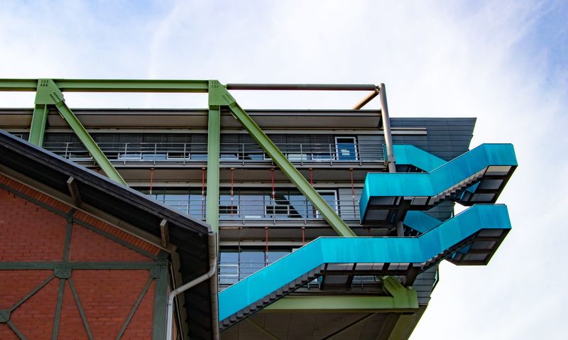 nature, city, harbour area, low angle view, residential district, staircase, modern, facade, building, built structure, industry, sunlight, sky, day, düsseldorf