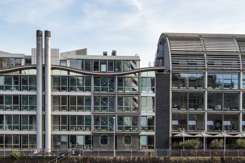 5K, port, building, architecture, office, low angle view, facade, harbour area, media harbour, nature, city, apartment, rhine, sunlight, sky, modern, skyscraper