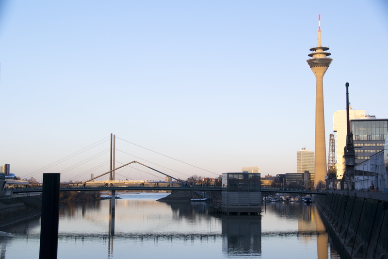 bridge - man made structure, water, 5K, built structure, transportation, bridge, office building exterior, city, media harbour, suspension bridge, düsseldorf
