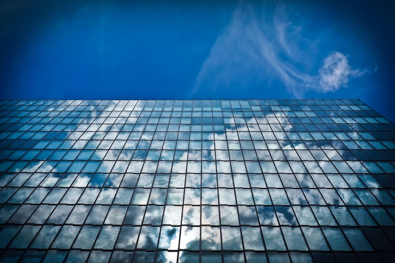 low angle view, reflection, 4K, structure, mirroring, built structure, media harbour, nature, modern, glass front, glass facades, glass, sunlight, day