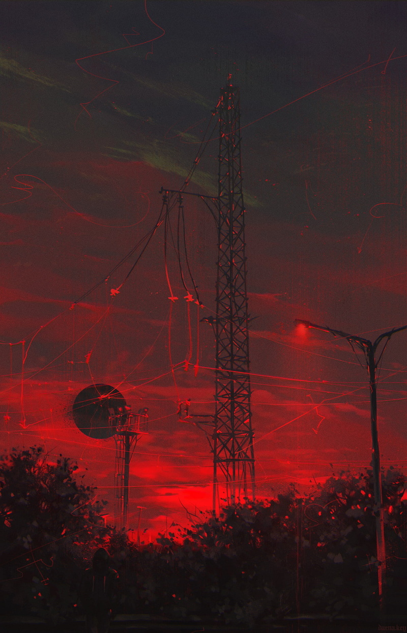 radio tower, portrait display, street light, tower, red background, 720P, dark, Daena Key