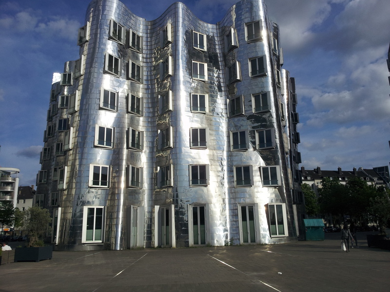 the new zollhof, street, low angle view, mirror, düsseldorf, silver, direction, reflections, dusk, sky, day, illuminated, building exterior, tree, window