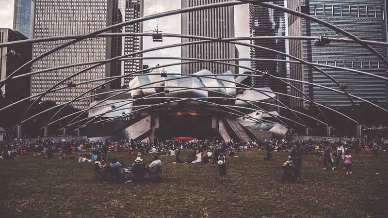concert, group of people, jay pritzker pavilion, event, built structure, chicago, milennium, summer, sitting, women, illinois, real people, millennium park