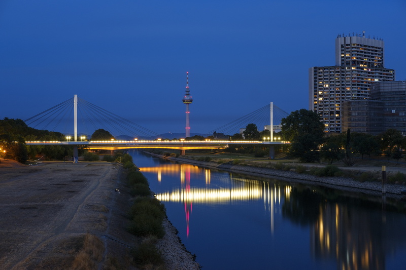 building, nature, modern, illuminated, river, built structure, transportation, no people, mirroring, building exterior, connection, sky, 5K, blue, tv tower