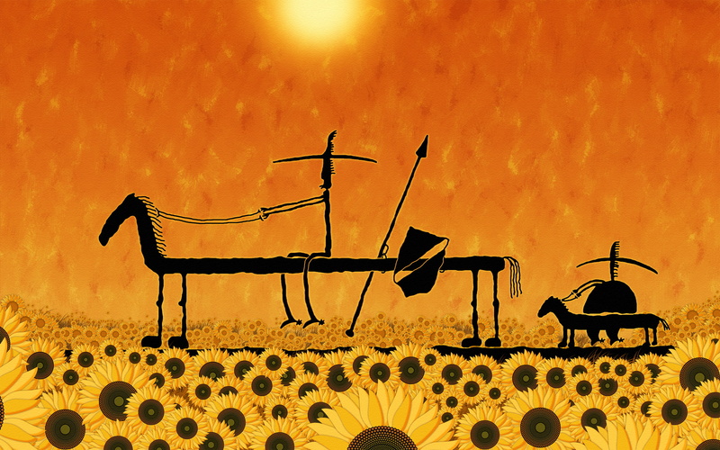 artistic, painting, beside, sun, 2K, flower, man, horse, asbtract, donkihote