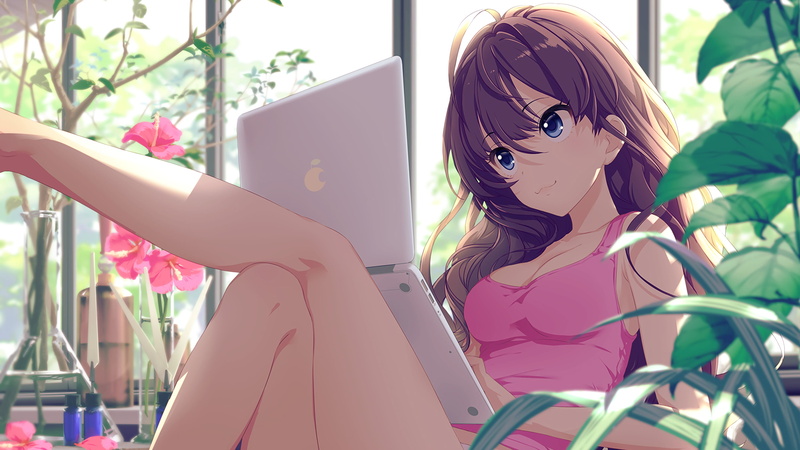 tank top, laptop, anime girls, Ichinose Shiki, legs crossed, 2K, anime