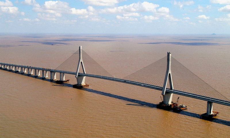 clouds, bridge, cloud - sky, beauty in nature, sea, engineering, suspension, span, sky, architecture, Water, River, long, vehicles, China, outdoors, connection