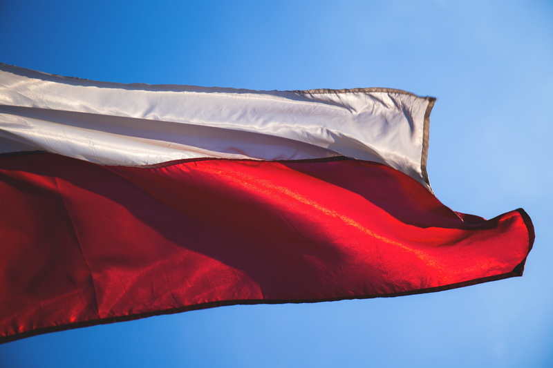 poland, flag, low angle view, red, national icon, sunny, wind, patriotic, polish, no people, 5K, environment, sky, independence, textile, banner, white color