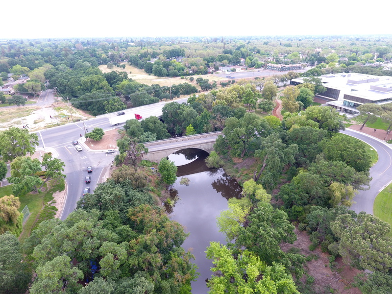 bridge, oblique aerial photo, 4K, sky, scenics - nature, tree, no people, nature, river, outdoors, water, built structure, day, transportation, growth