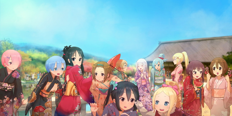 sky, people, disguise, emilia, festival, art and craft, creativity, rem, women, k-on!, 2K, nisekoi, group of people, representation, nature, adult, multi colored
