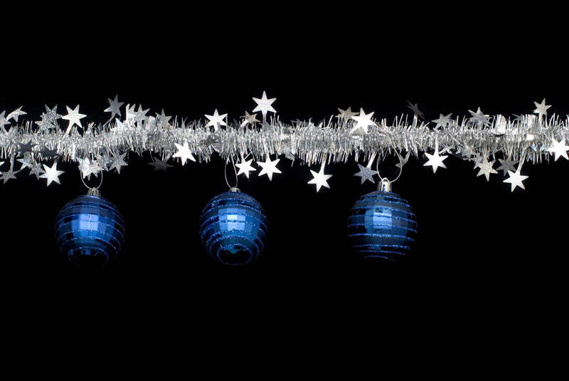 2K, decorations, blue, tinsel, baubles, silver, stars