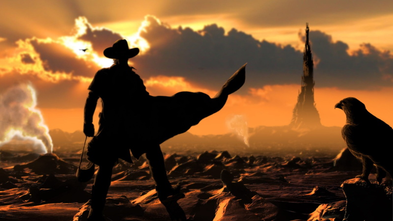 one person, cloud - sky, livestock, sunset, land, hat, The Dark Tower, outdoors, sky, bird, animal themes, standing, nature, domestic, animal wildlife