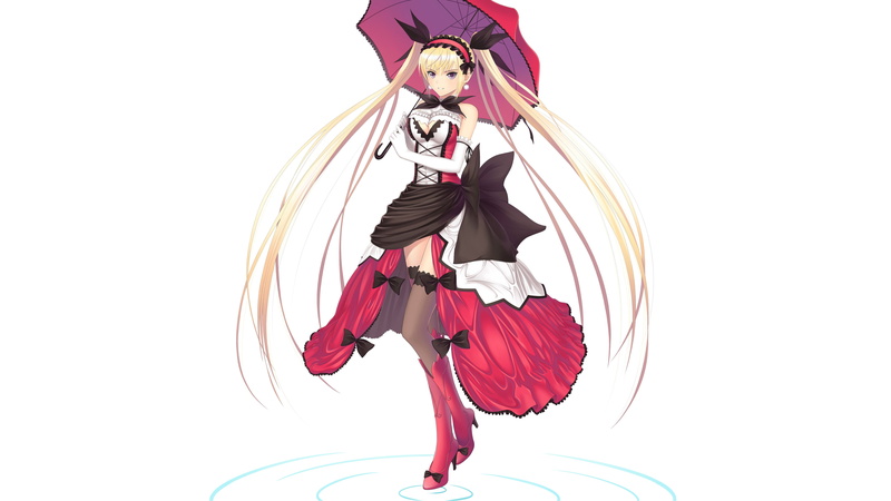 dress, Shining Heart, 5K, twintails, Tony Taka, umbrella, cleavage, thigh-highs, elbow gloves, Mistral, Shining series, boots, purple eyes, simple background