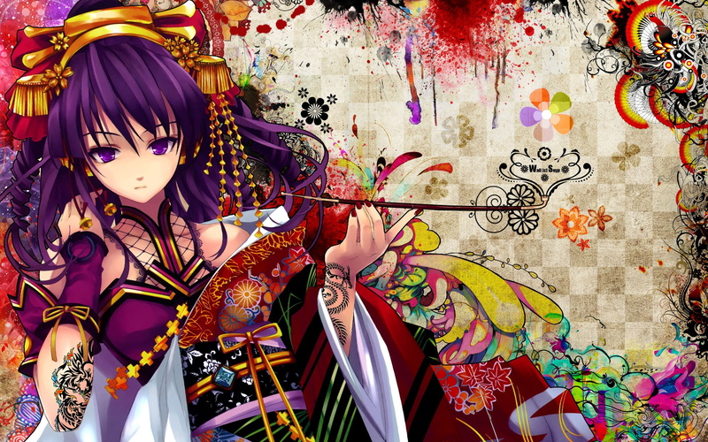 traditional clothing, yukata, manga, 2K, Beatmania, colorful, anime, purple hair, Snyp, anime girls