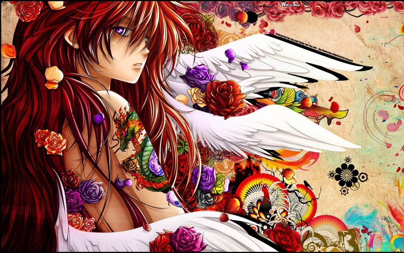 1080P, snyp, girls, redheads, wall, tattoos, anime, wings