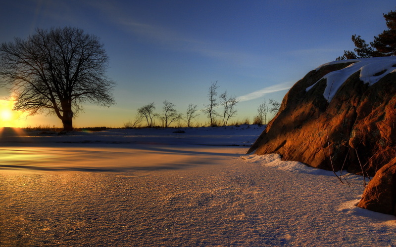 stone, hdr, sunset, sparkle, 1080P, winter, landscapes, sky, rock, trees, snow, sunrise, nature