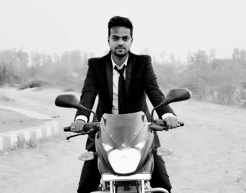 transportation, land vehicle, day, young men, bike, black and white, well-dressed, india, riding, tuxedo, looking at camera, men, portrait, smiling, three quarter length