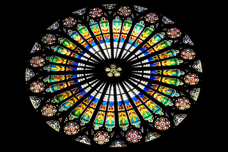 shape, no people, stained glass, cathedral, house of worship, spirituality, ceiling, shine through, places of interest, pattern, church window, strasbourg