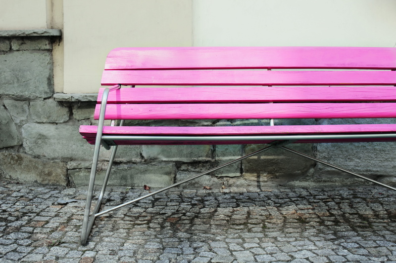 paving stone, wall, 5K, seat, day, bench, urban, vibrantly, pink color, pink, chair, close-up, cobblestone, Wide angle, tiled floor, wall - building feature