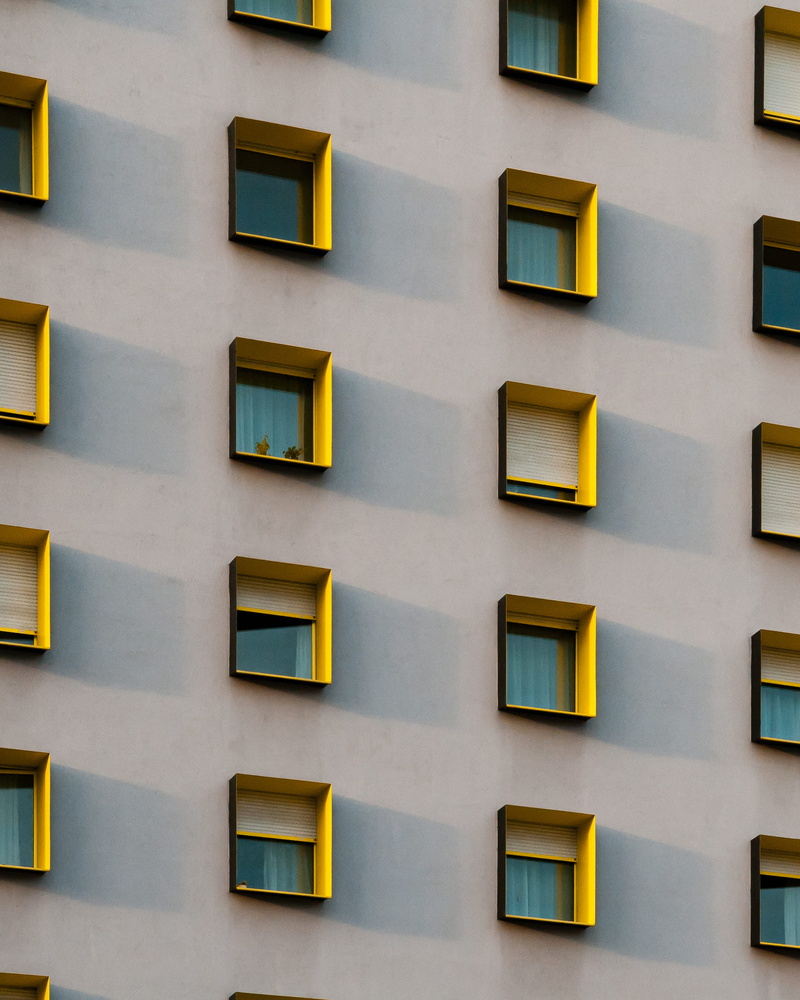 residential district, apartment, modern architecture, built structure, minimal, window, 2K, repetitive, curtain, no people, architectural, in a row, side by side