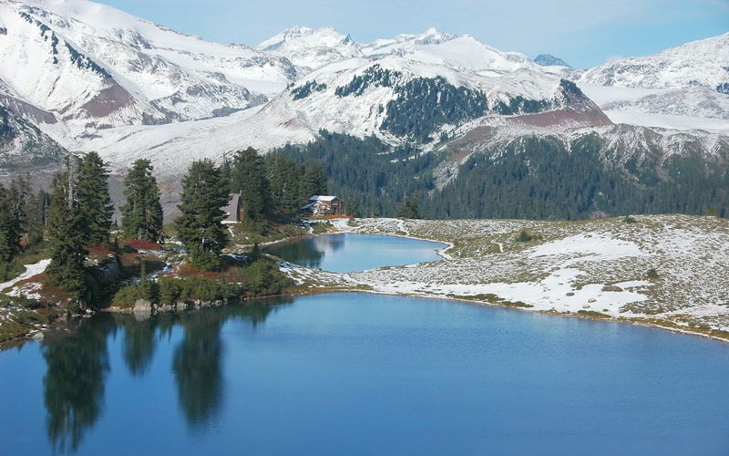 tree, winter, mountain, reflection, tranquil scene, snowcapped mountain, 1080P, water, cold temperature, tranquility, architecture, elfin lake, lake, snow