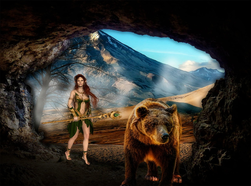 composite, women, adult, one animal, magic, 1080P, elfin, portrait, one person, female, bear, real people, leisure activity, young women, nature, elf