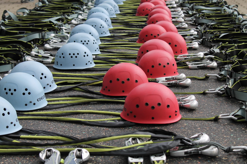 climbing garden, high ropes course, choice, pink color, ropes, range of motion, climbing harness, climbing helmets, forest, large group of objects, order