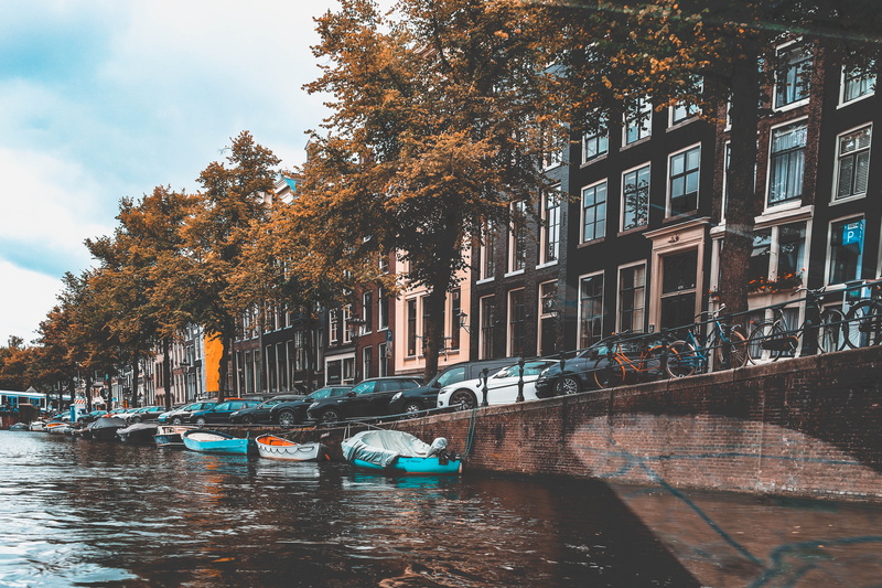 nautical vessel, boat, grove, forest, vegetation, autumn, canal, plant, day, automobile, transportation, machine, water, building exterior, car, mode of transportation