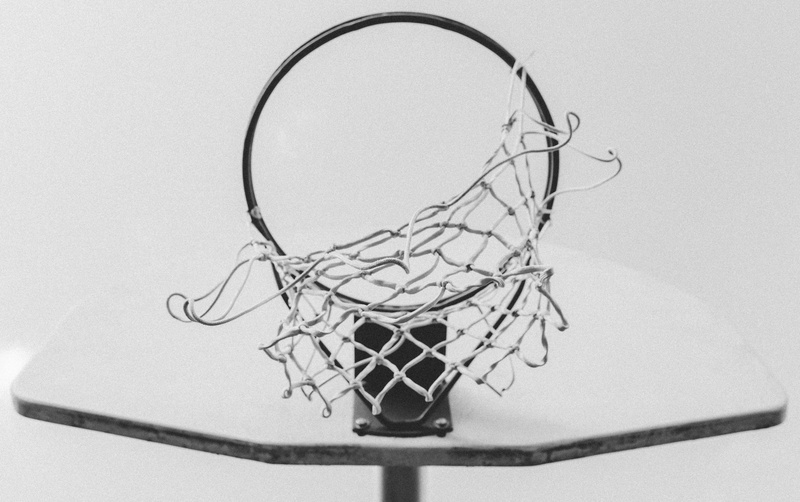 basketball - sport, basketball ring, black-and-white, Basketball Hoop, cable, wall - building feature, single object, low angle view, low angle photography