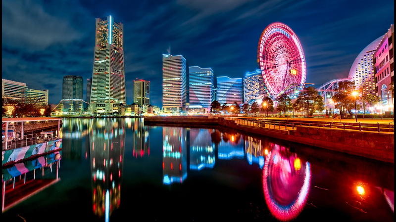 city, city lights, Tokyo, 1080P, Japan, ferris wheel, reflection, skyscraper