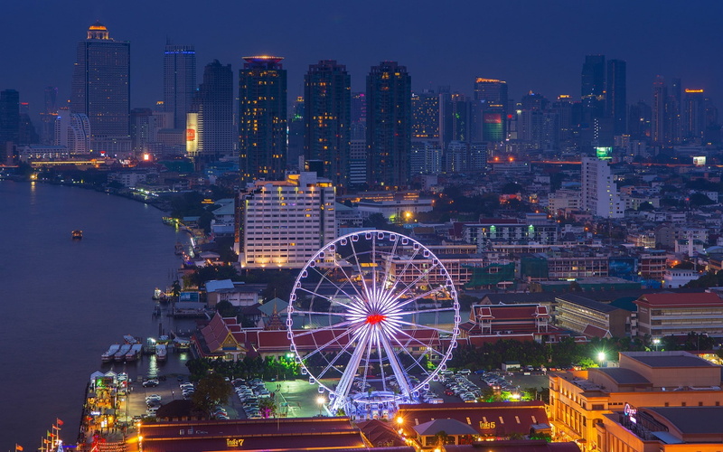 modern, ferris wheel, building exterior, no people, city life, amusement park ride, sky, built structure, financial district, building, 1080P, office building exterior