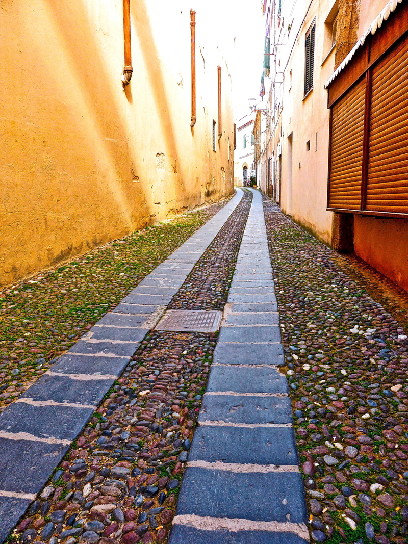 backstreet, alghero, house, diminishing perspective, street, cobblestone, outdoors, paving stone, alley, walkway, direction, building, transportation, empty