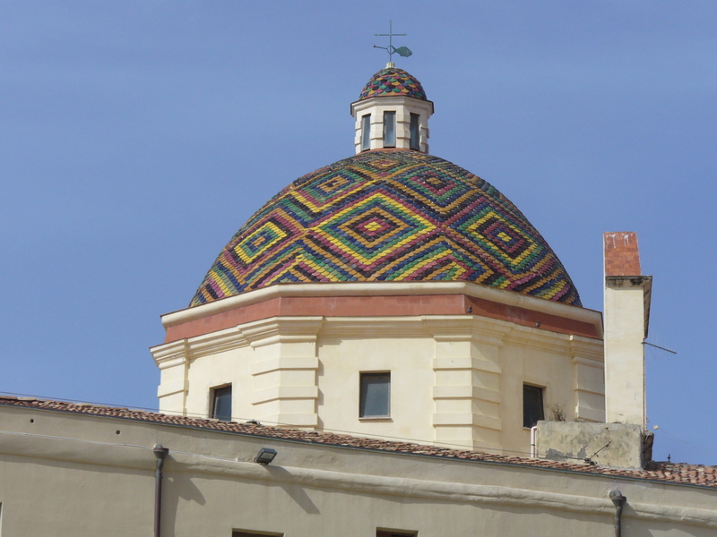dome, building exterior, sunlight, dpme, spire, church, belief, place of worship, built structure, building, sky, Sardinia, religion, low angle view, blue