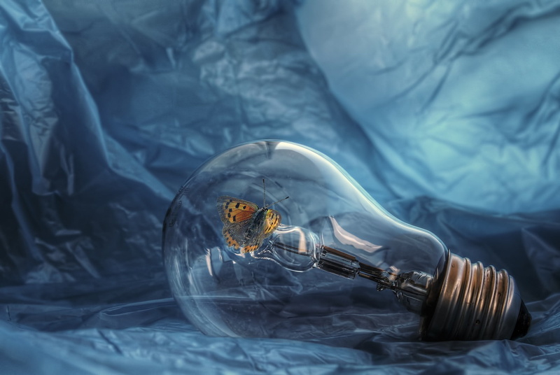 transparent, digital composite, 720P, plastic, plastic bag, nature, focus on foreground, indoors, hand, one person, day, HDR, human body part, glass - material