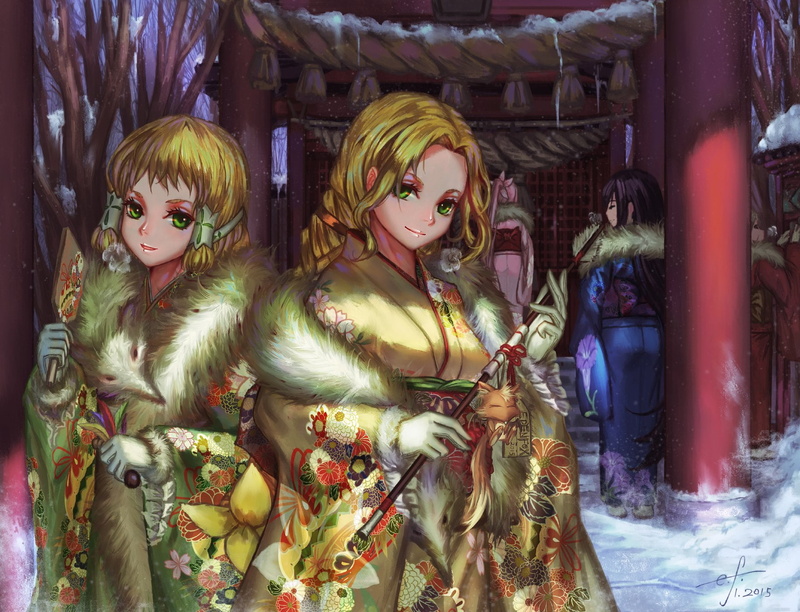 green, aru, yuusha, kimono, japanese, long, blonde, yuuki, itsuki, clothes, fuu, eyes, 720P, inubouzaki, gloves, hair, snow, yuuna, edenfox