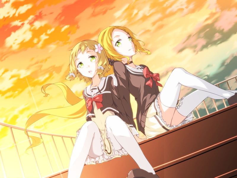 2girls, fuu, clouds, sky, blonde, skirt, inubouzaki, 1080P, 257874, (artist), long, green, hair, eyes, short, thighhighs, konachan, itsuki, seifuku, bra