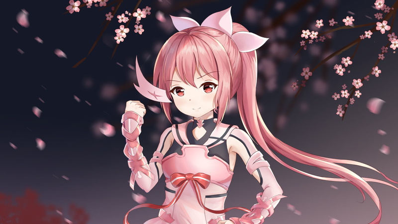 2K, flowers, twigs, pink hair, pink eyes, long hair, Yuuki Yuuna wa Yuusha de Aru, Yuuki Yuuna, anime girls, ponytail, anime