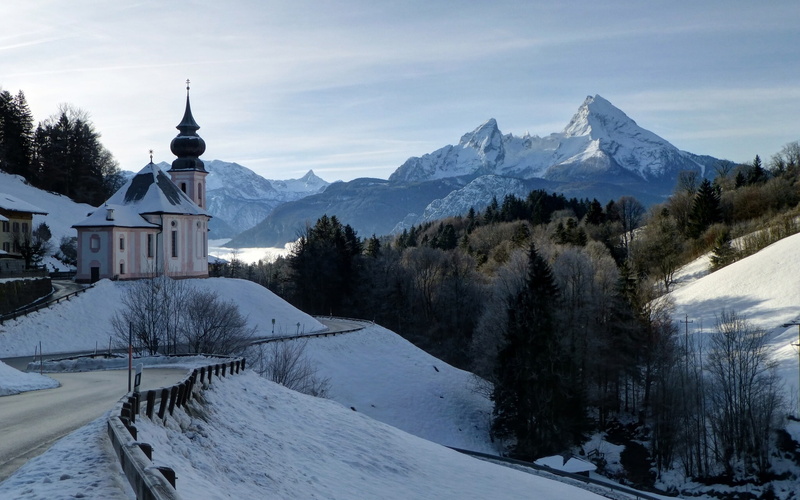 road, forest, mountains, germany, berchtesgaden, alps, watzmann, church, landscape, 1080P, winter, bavaria, bavarian, mount