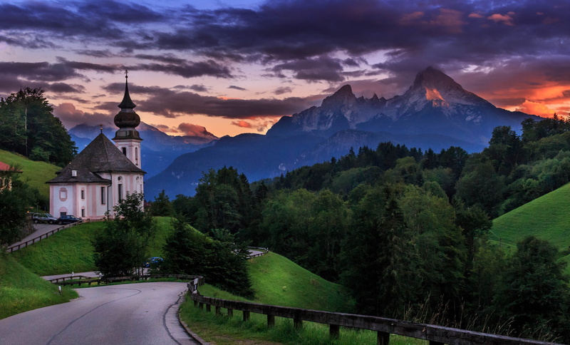 sunset, landscape, nature, trees, Watzmann, Church, Alps, 1080P, Berchtesgaden, Bayern, mountains, road, Germany, forest